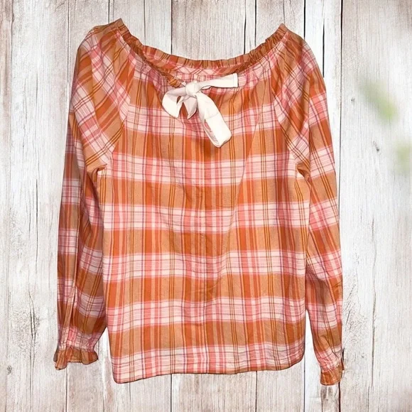 J. Crew Madras Plaid Ruffle Tie-Back 100% Cotton Orange Blouse Top ~ M ~ NWT - Picture 4 of 9